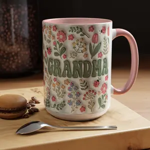 Grandma Coffee Mug, Gift for Grandparents Day, Grandma's Birthday, Family Gatherings, Floral Grandma cup, Coffee Mug for Grandma, Faux 3D