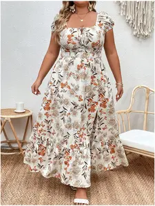 Plus Size Floral Print A Line Dress, Bohemian Floral Dress, Dress in Club, Dresses for Women, Summer Dresses 2025, Boho Cap Sleeve Square Neck Long Dress for Holiday Vacation, Plus Size Tummy Flattering Dresses, Casual Wear