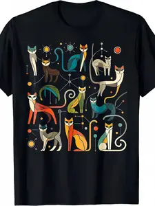 Plus-size Unisex Retro 60s/70s Cat Print T-Shirt - Cotton loose-fit short sleeve crew neck, multi-color geometric cat design with tabby and tuxedo patterns, available in various sizes, machine washable casual wear, unisex retro style, made with slightly s