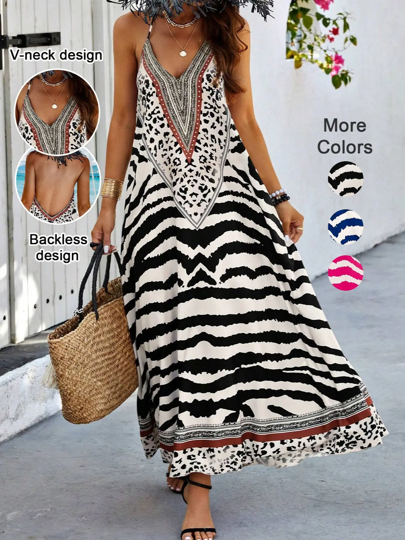 Summer Vacation Geometric Print Backless Halter Neck Casual Aesthetic Chic Beachwear Dress, Tie Design Loose Long Dress, Beach Resort Wear, Beach Travel Dress, Perfect for Beach Holiday Pool Party, Beach Dresses