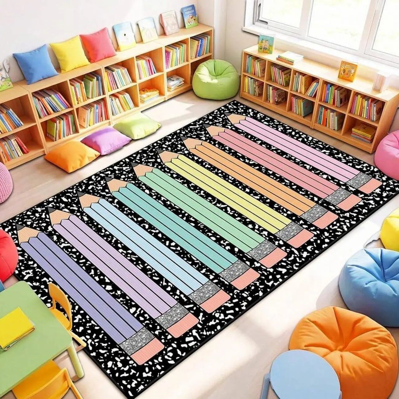 Pastel Crayon Speckle Black Back To School Pattern Carpet, Cute Preppy Stationery Tone, Flannel Material Area Rugs, Soft Skin-Friendly Rug Area, Art Classroom Dorm Decor, Vibrant Pencil Back To School Rug