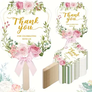 50pcs exquisite pink and green floral handheld fans, handmade with elegant bows and sturdy wooden handles - perfect for weddings, bridal parties, anniversaries, birthdays, and home decor