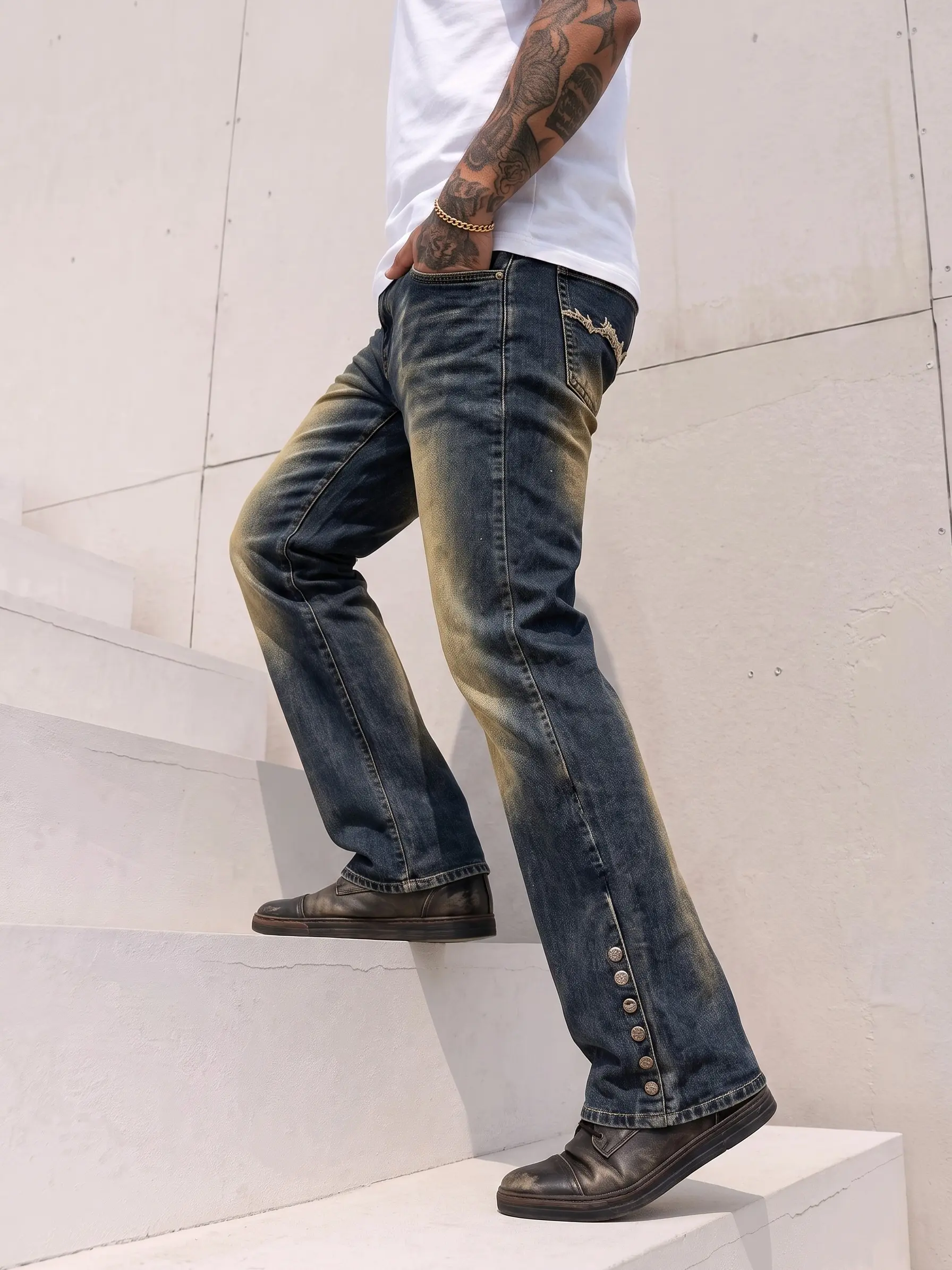 Men's Bootcut Jeans - Old-School Vintage, Side-Button, Flared, Classic Western Style Menswear Bottoms Pants, Denim Look Jeans, Flared Jeans