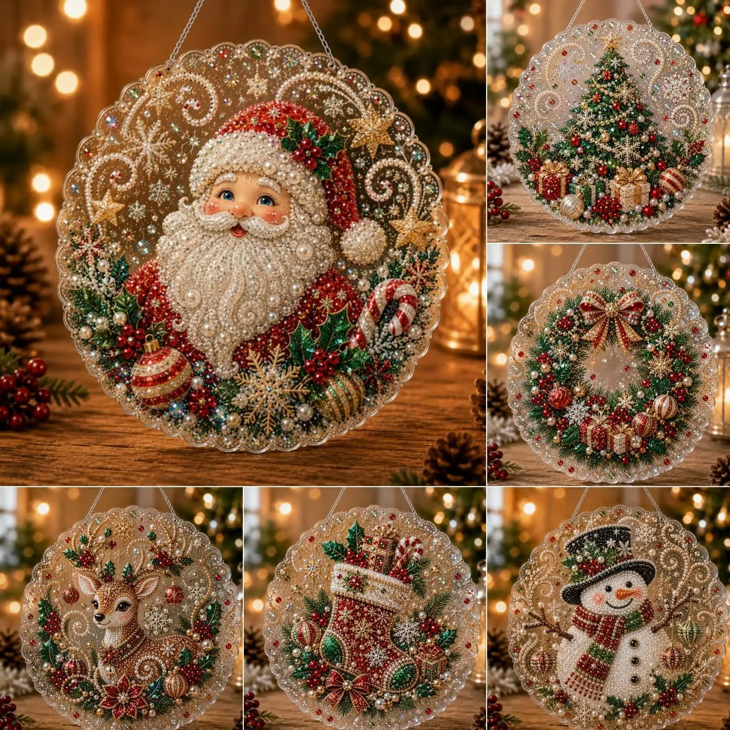 Christmas Pearl Diamond Painting Suncatcher Kit, DIY Craft (#F, 8in) | Pre-Assembled Metal Chain, Acrylic Round Board with Lace Edge, 3D Mixed-Sized Pearl Beads Craft, Festive Window Wall Decor
