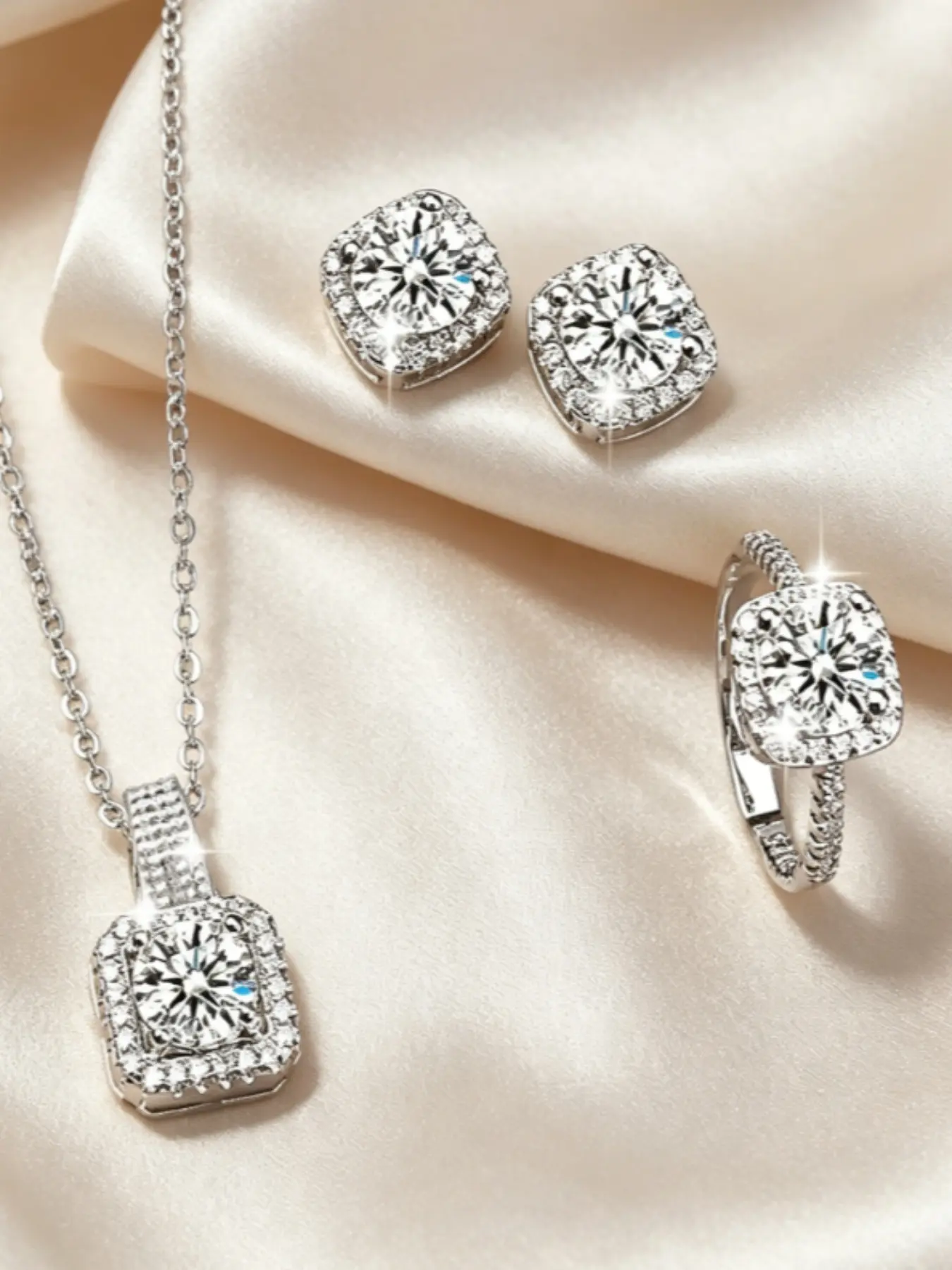 3Pcs Bridal Halo Jewelry Set, CZ Crystal Necklace Earrings Ring Bundle