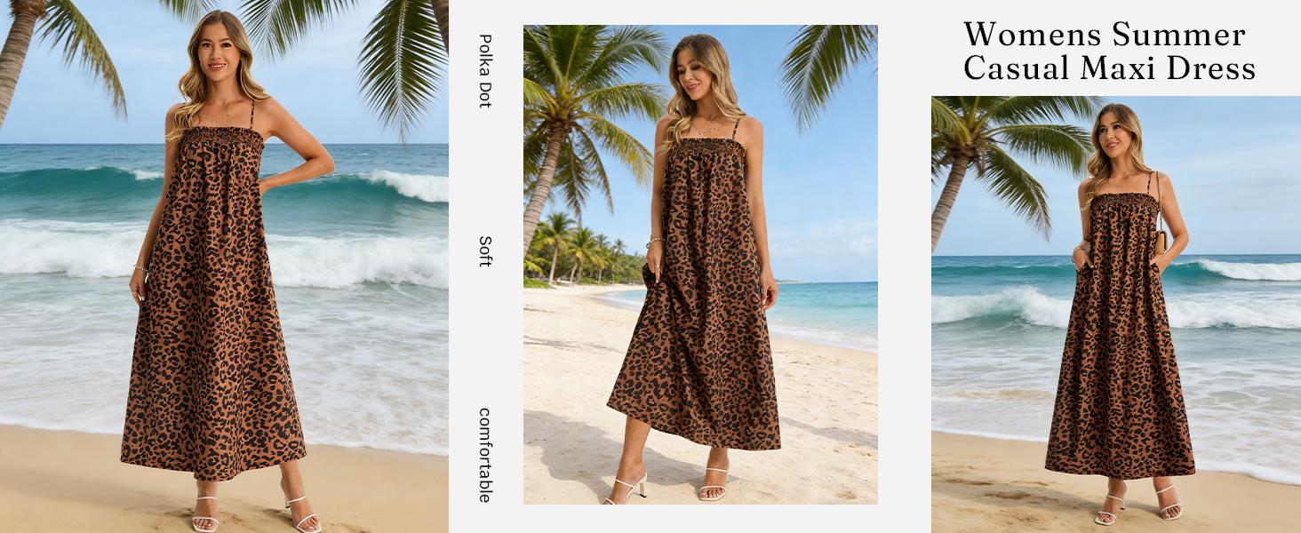 Wodubu Women's Casual Polka Dot Maxi Dress - Lady's Fashionable, Comfortable Spaghetti Strap Smocked Loose Beach Vacation Dress with Pockets