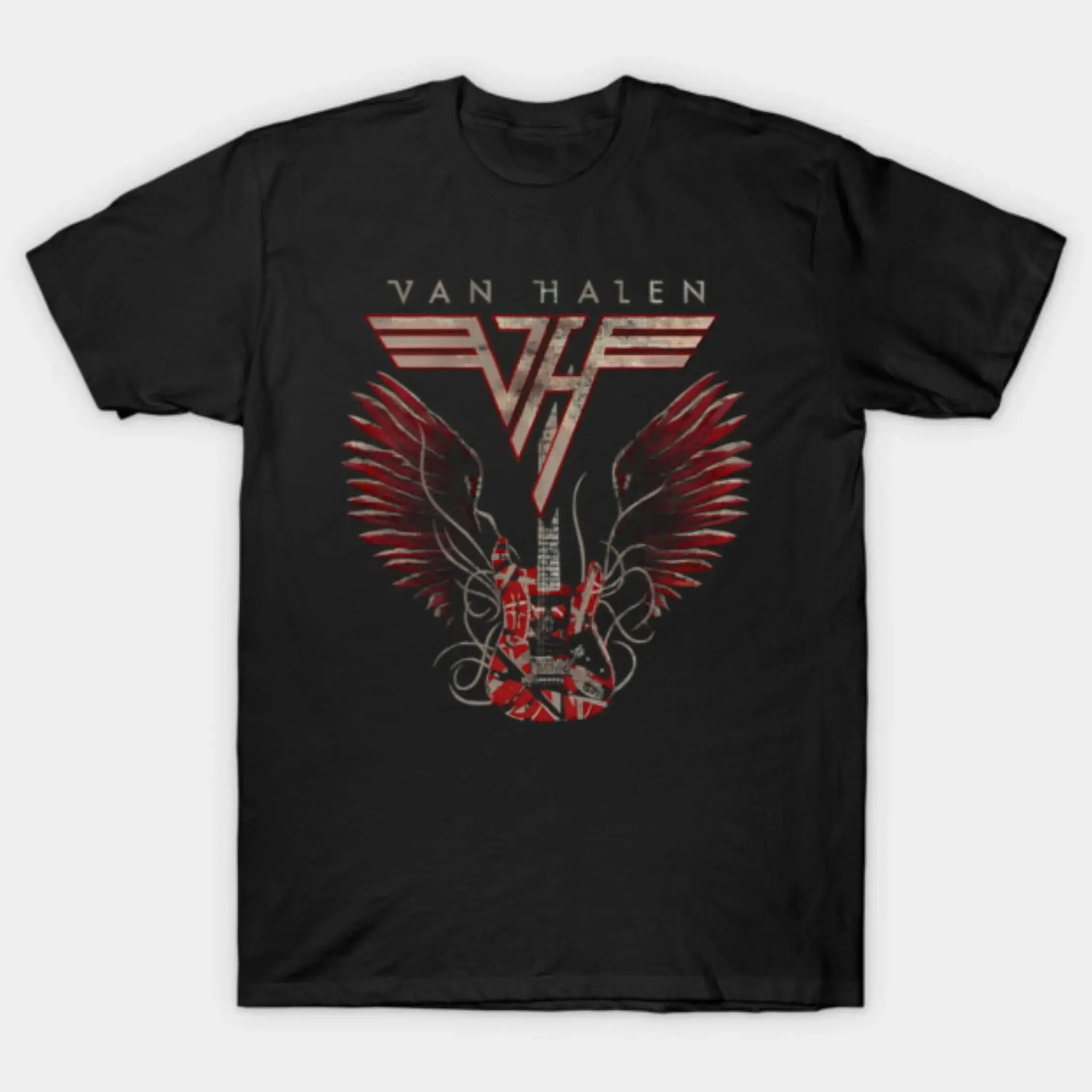 Women's Vintage Rock Band Graphic T-Shirt, Custom Cotton Tee with Guitar Wings Art, Short Sleeve Loose Fit Casual Streetwear Top, Tops, Wings Band Art, Size Up For Loose, Round Neck, Full Print, Rock Fan Signal