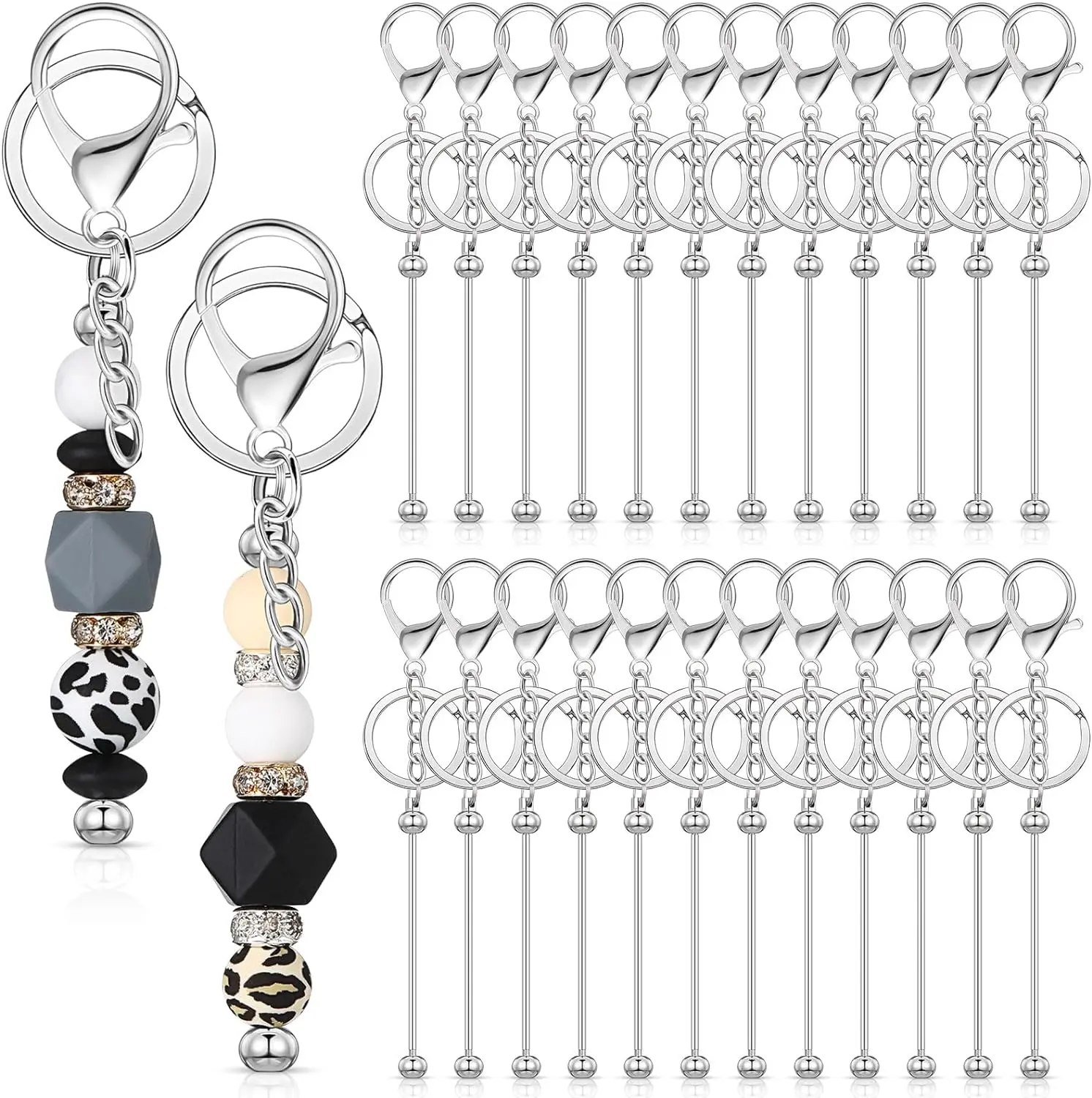 24 Pcs Beadable Keychain Bars Bulk Beads for Keychain Making Kit Gifts for Women Men DIY Crafts