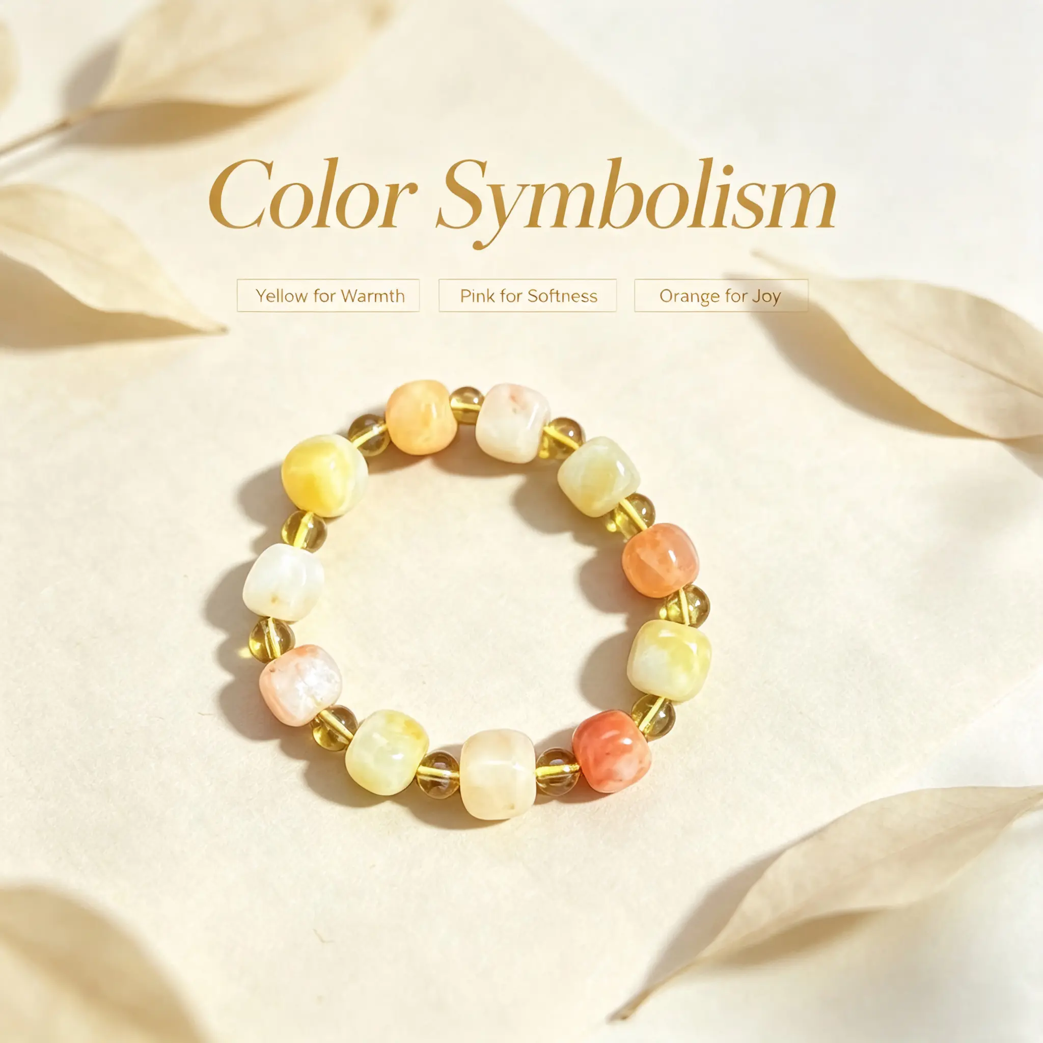 Polished Warm Shade Cube Stone Bead Bracelet, Traditional Oriental Stone Craft Collectible Ornament, Elastic Hand String with Natural Color Stone Beads
