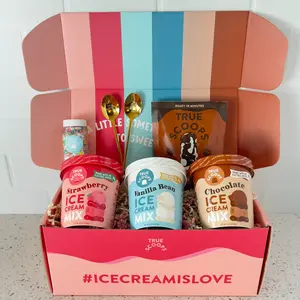 True Scoops Deluxe Ice Cream Kit - Chocolate, Vanilla Bean, Strawberry, Hot Fudge, Sprinkles, and ice cream spoons