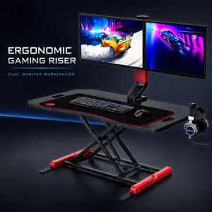 GTPLAYER Height Adjustable Gaming Desk Riser with Dual Monitor Mount, Gas Sit‑Stand Computer Stand, Carbon Fiber Surface, USB 3.0 Port, Headphone Hook, Ergonomic Home Office Workstation for Gaming & Working