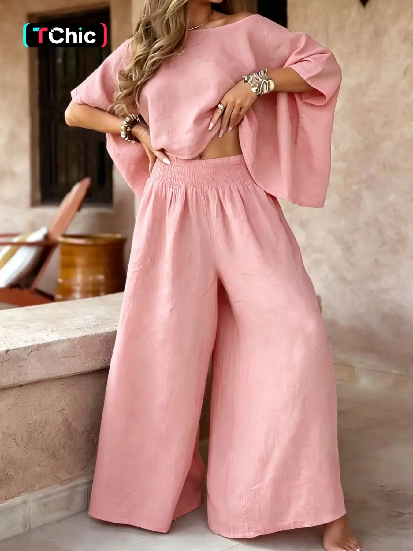 Women's Ultra-Loose Oversize Baggy Two-Piece Set, Casual Chic Vacation Laid-Back-Style Top and Wide-Leg Pants, Comfortable and Stylish for Relaxing Days