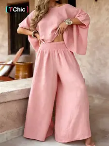 Women's Ultra-Loose Two-Piece Set, Casual Vacation Lazy Style Top and Wide Leg Pants, Comfortable and Stylish for Relaxing Days