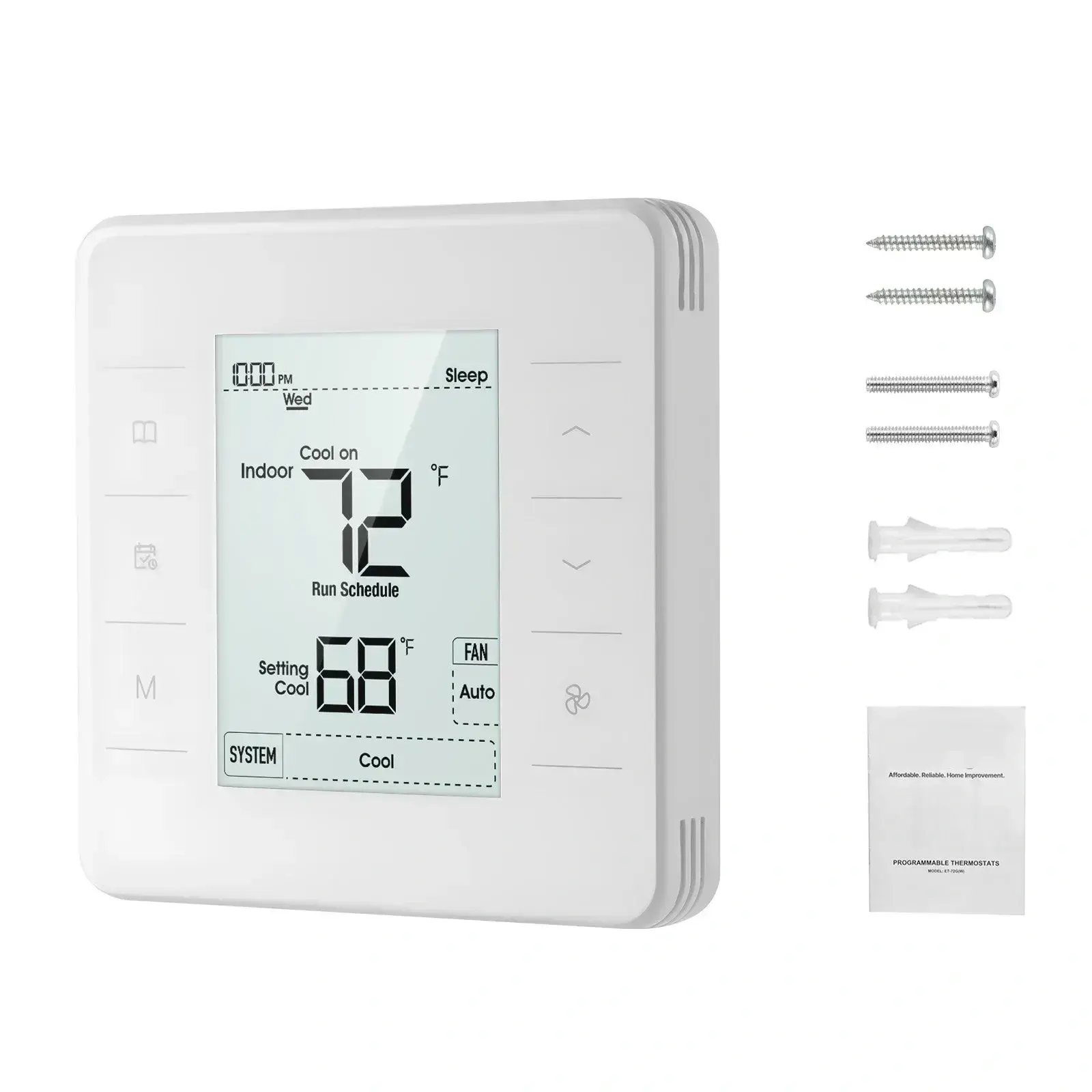 White 7-Day Programmable Thermostat with Backlit LED Screen, 1Cool+1Heat, Energy-Efficient, Wide Temp Range for Heat Pump, Air Conditioner, Underfloor Heating
