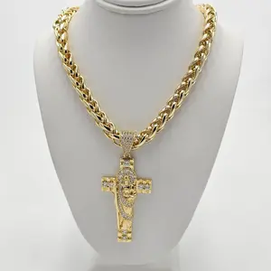 Unisex Geometric San Judas Cuban Cross Necklace Set - 23-in Gold-Plated Cuban Chain, San Judas Pendant, Gold Plated Amulet, Charms Necklace