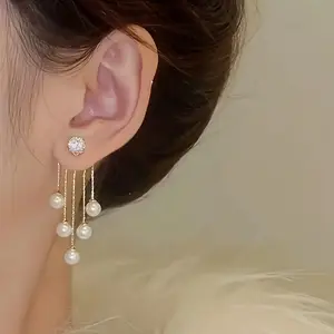 1 Pair Elegant Long Tassel Earrings for Women, Golden-Tone Alloy with Rhinestone and Accents, Dangle Earrings for Daily Wear or Party Occasions, 1.69*0.79inch, Novelty Earrings