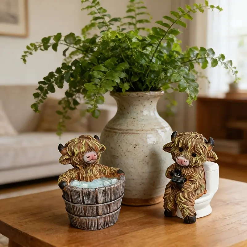 2-Pack Scottish Highland Cow Statue Set, Resin Decorative Figurine Statue, Resin Animal Figurines, Resin Animal Sculptures, Bathroom & Toilet Decor, Fun Home Decoration for Living Room, Office, Unique Gift for Cow Lovers