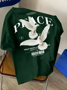 Dark Round Neck Pullover T-Shirt, English Letter Pigeon Print Top, Vintage Classic Art Print Tee, Casual Streetwear, All Seasons