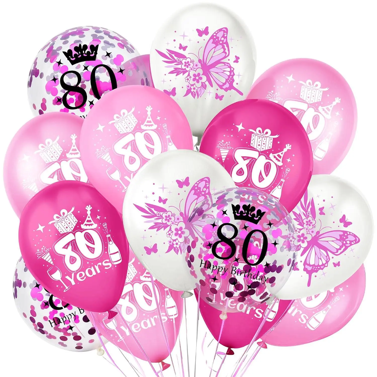 18Pcs 80Th Birthday Decorations Balloon Kit - Pink & Rose Red Theme Balloons, Includes Number 80 Balloons, Butterfly Confetti Ballons For Girls, Women 80Th Birthday Party Or Anniversary Decor