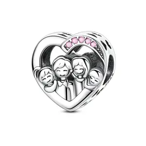 MULA 925 Silver Plated Family Heart Pendant with Pink CZs – Symbol of Love, Bond and Unity – Fits Pandora Bracelets and Necklaces – Perfect Gift for Mom, Wife and Daughter