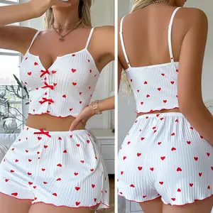 Sleepwear Women Pajamas Set Heart Print Soft Ribbed Fabric with Flirty Frill Trim Casual Cami Top and Short Set Loungewear