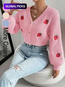 Women's Strawberry Embroidery Button Front Crop Cardigan Knitted Sweater, Casual Fit V Neck Lantern Sleeve Knitwear for Spring & Fall, Fashion Women's Knit Clothing for Everyday Wear