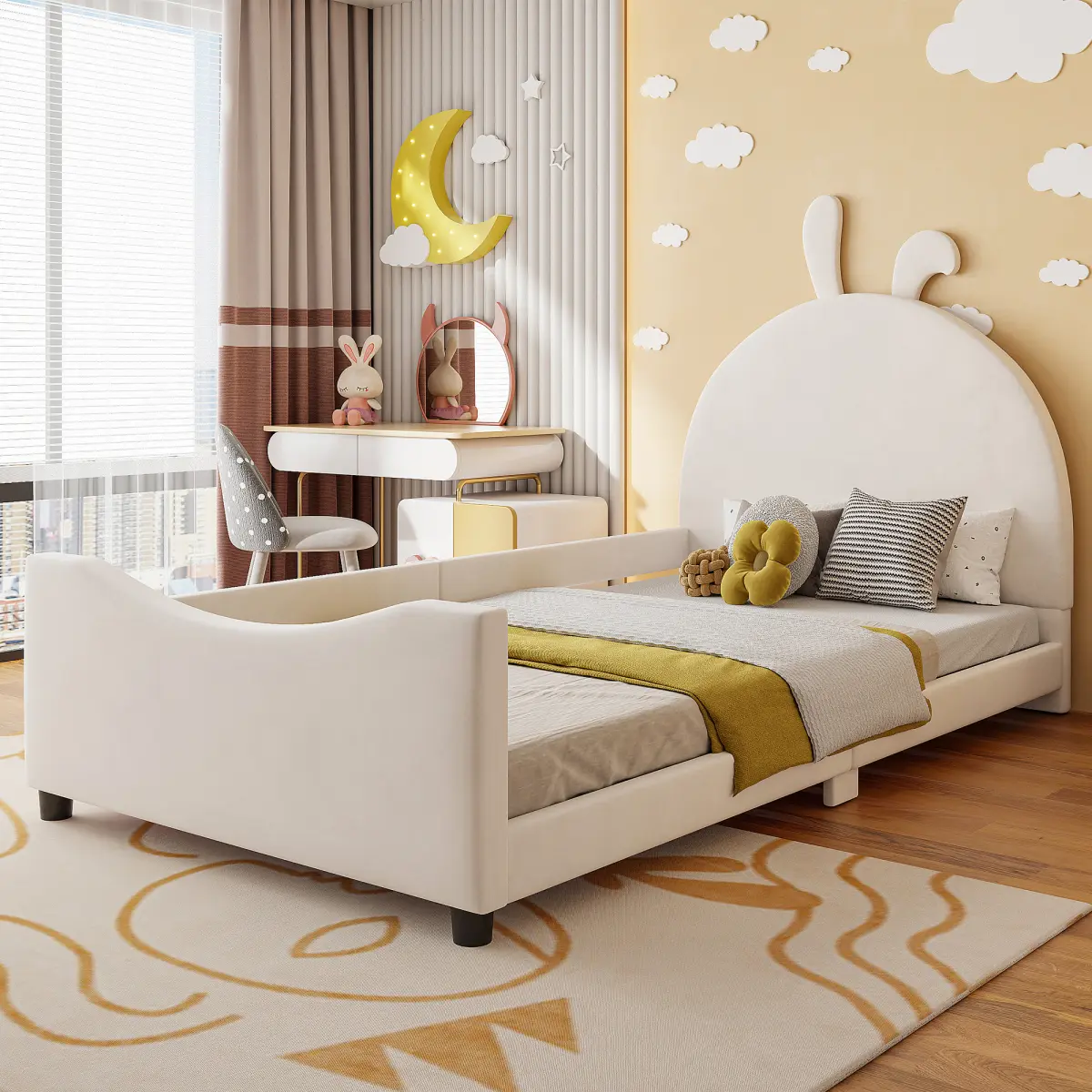 Twin Size Upholstered Daybed with Rabbit Ear Shaped Headboard, No Box Spring Needed, Beige