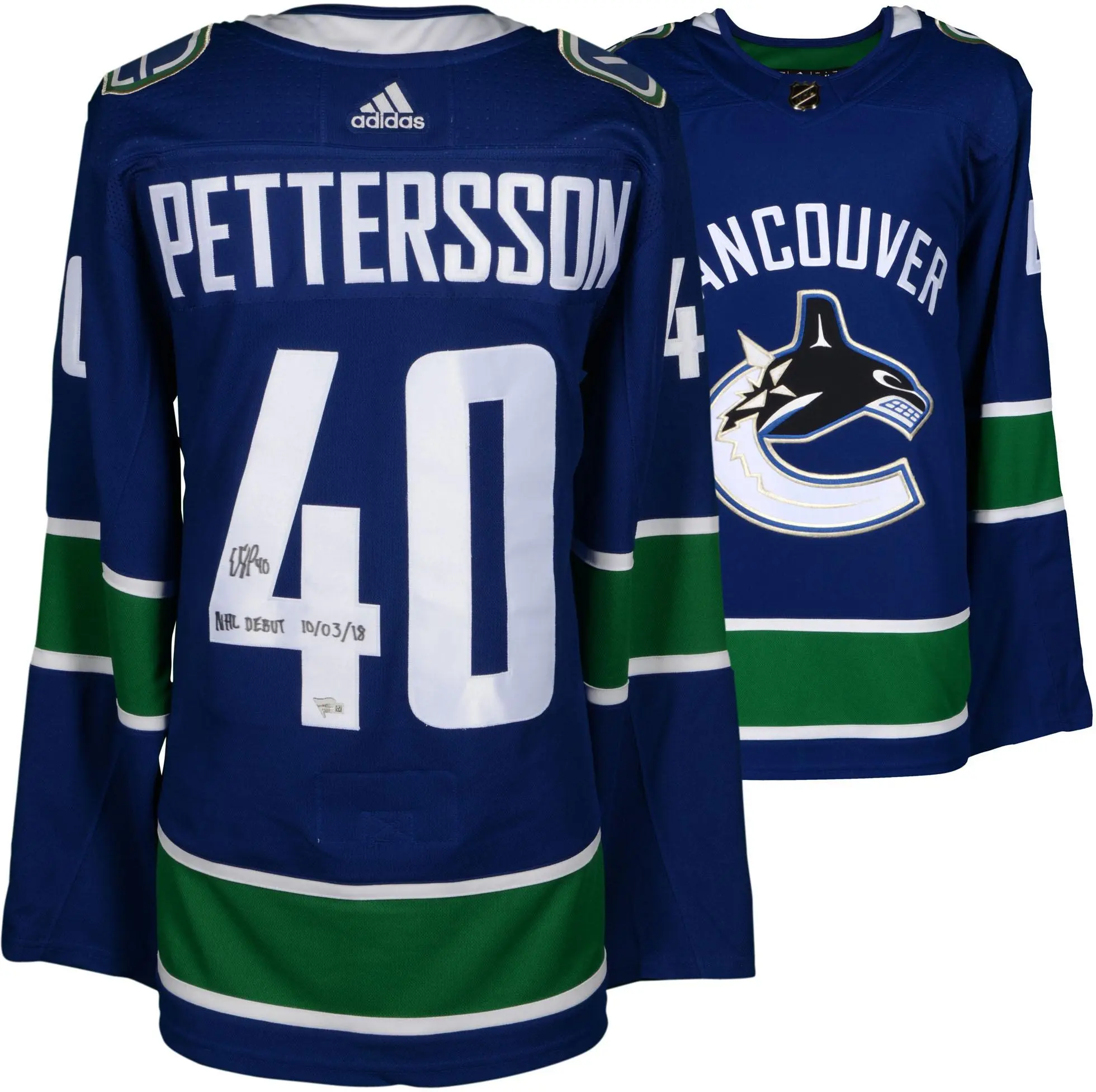 Elias Pettersson Vancouver Canucks Autographed Blue Adidas Jersey with "NHL Debut 10/3/18" Inscription - Fanatics Authentic Certified