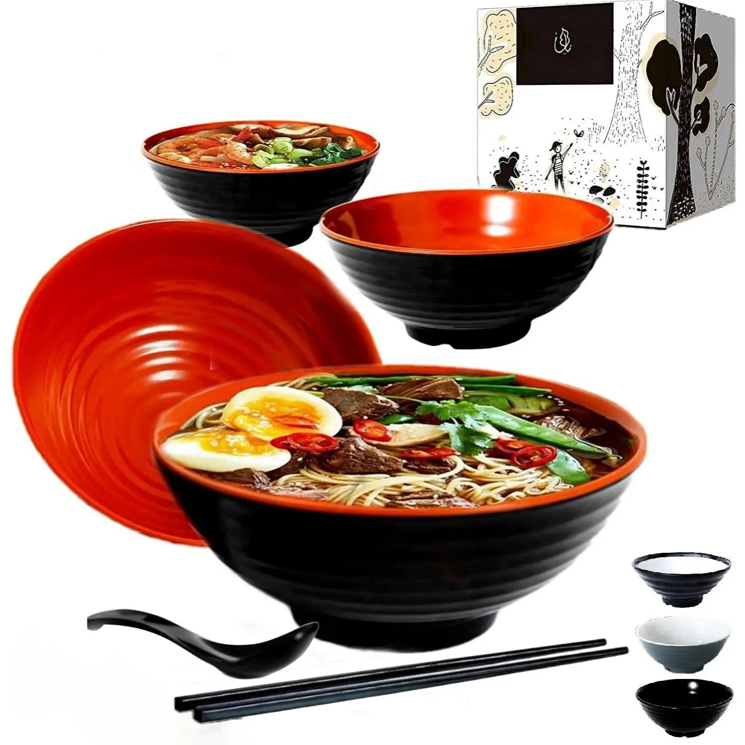 4 Ramen  12 Pieces Pho Set. Red Black Bowl Unbreakable Melamine. Soup. Spoons And Chopsticks Kit. . Xl 37 Oz. Noodles Rice Udon Thai Korean Wonton Miso