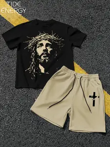 Men's Vintage Christian Theme Set, Jesus Portrait Loose T-Shirt & Cross Print Shorts, Street Style Streetwear Casual for Daily Wear, Menswear Clothes