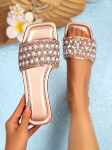 Women's Summer Water Drill Sandals, New Square Toe Simple One-Strap Pearl Design, Casual Outdoor Wear, Rubber Sole