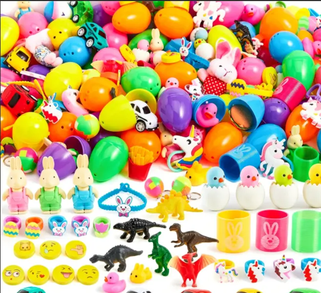 100 Easter Eggs Pre-Filled with Toys! Includes toys and stickers, perfect for egg hunts. Great as party favors, basket stuffing, classroom prizes, or outdoor game rewards. silent fidget stress-relieving squishy big dumpling portable it anxiety
