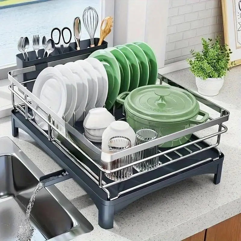 304 Stainless Steel Dish Rack with Corrugated Automatic Drainage Board and Dish Rack, Stainless Steel Structure, Large Capacity 360° Rotating Sink Rack - Perfect for Kitchen Organization, for Storing Bowls, Plates, Cups, Etc