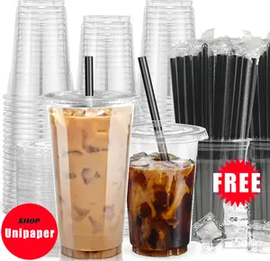 [50 Sets]32oz-10oz Clear Plastic Cups With Lids and Straws, Disposable Cups With Lids for Iced Coffee, Smoothie, Milkshake and Cold Drinks