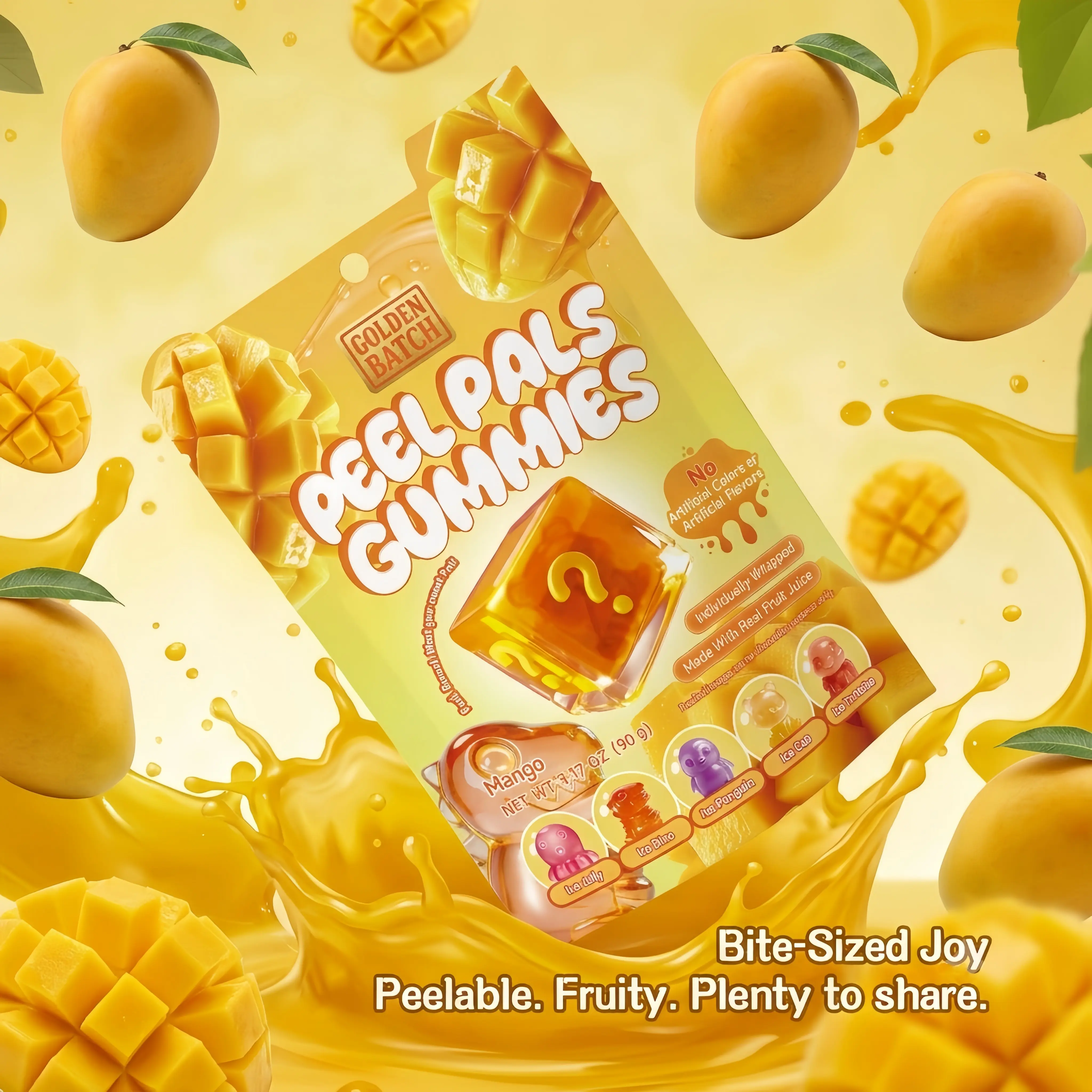 Peelable Mango Gummies, Double-Layer Real Fruit Juice Candy, Halal High Vitamin C Chewy Snack with Natural Ingredients, Coconut Oil, Gelatin, Syrups for Adults, All Ages
