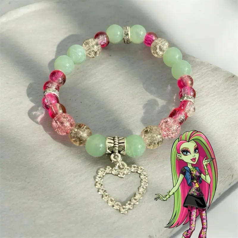 Monster High Venus Beaded Charm Bracelet with Heart Charm - 1-Size Stretchy Adjustable Bangle, Fashionable Jewelry Accessory