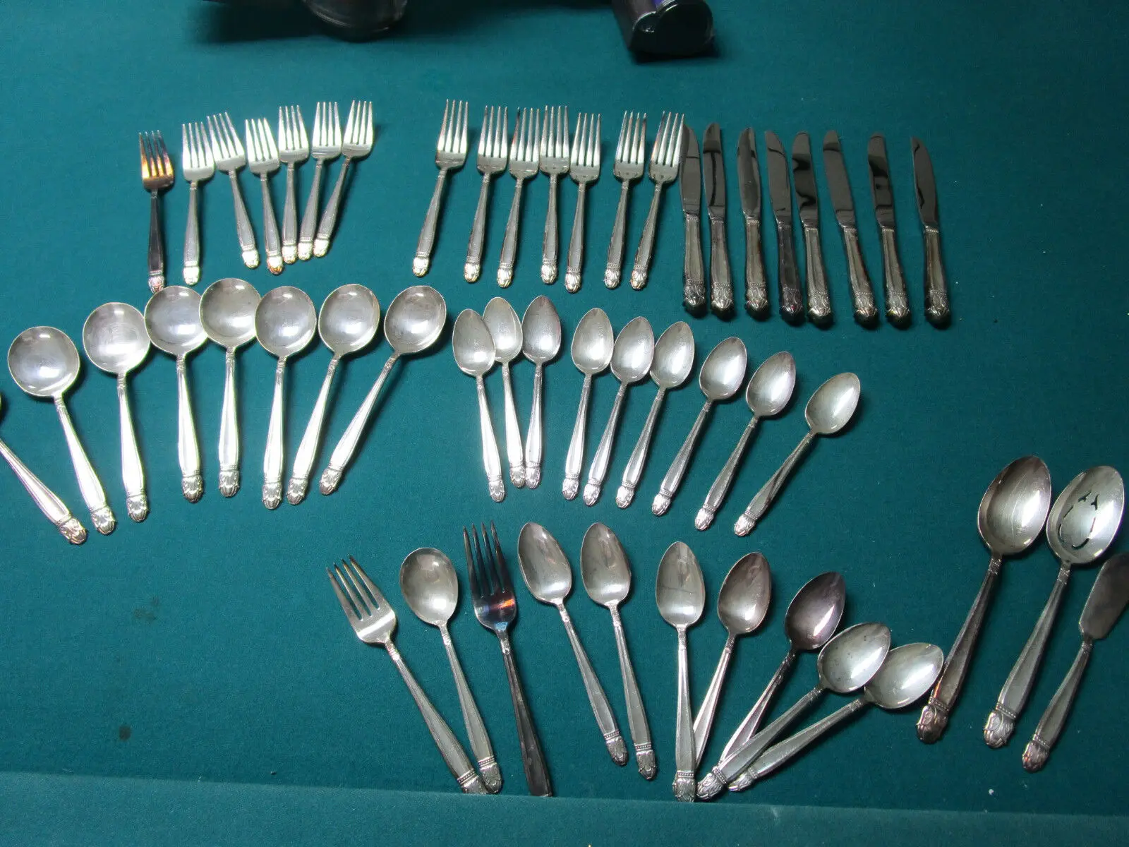 HOLMES & EDWARDS Danish Princess Silverplate 1938 International Silver 51 PCS Set with 7 Forks 8 Knives 8 Soup Spoons 8 Coffee Spoons and More