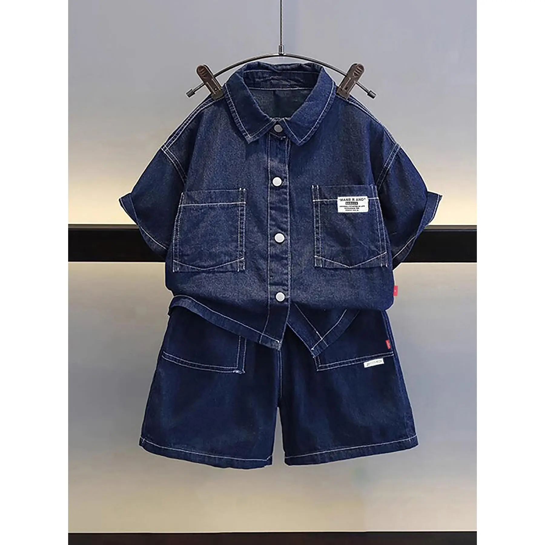 "New Arrival! Cool Streetwear Boys Denim Set - Short Sleeve Two-Piece, Washed Denim Blue! Spacious Pockets for Holiday Travel, Vacation Wear, Daily Use & Casual Sports", Perfect for Outdoor
