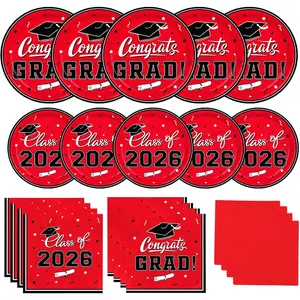 Graduation decorations 2026 Graduation Party Plates and Napkins Red Disposable Paper Plates Luncheon Napkins Cocktail Napkins for Congrats Grad Party Decorations, Serve 50