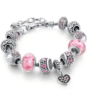 Women's Pink Heart Pendant Bracelet Set - Stylish Beaded Design, Shiny Charm, Adjustable Snake Chain, Stackable Fashion Accessories for Women, Ideal Gift for Valentine’s Day, Birthdays, Bracelets