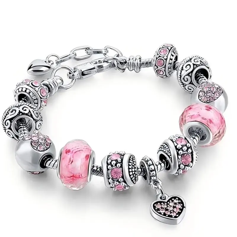 Stackable Bracelet Jewelry Set for Women, Minimalist Pink Beaded Design with Heart Charm, Adjustable Snake Chain for Daily Wear, Anniversary & Birthday Gift, Heart Pendant, Basic, Casual, Elegant, Pink Heart Design