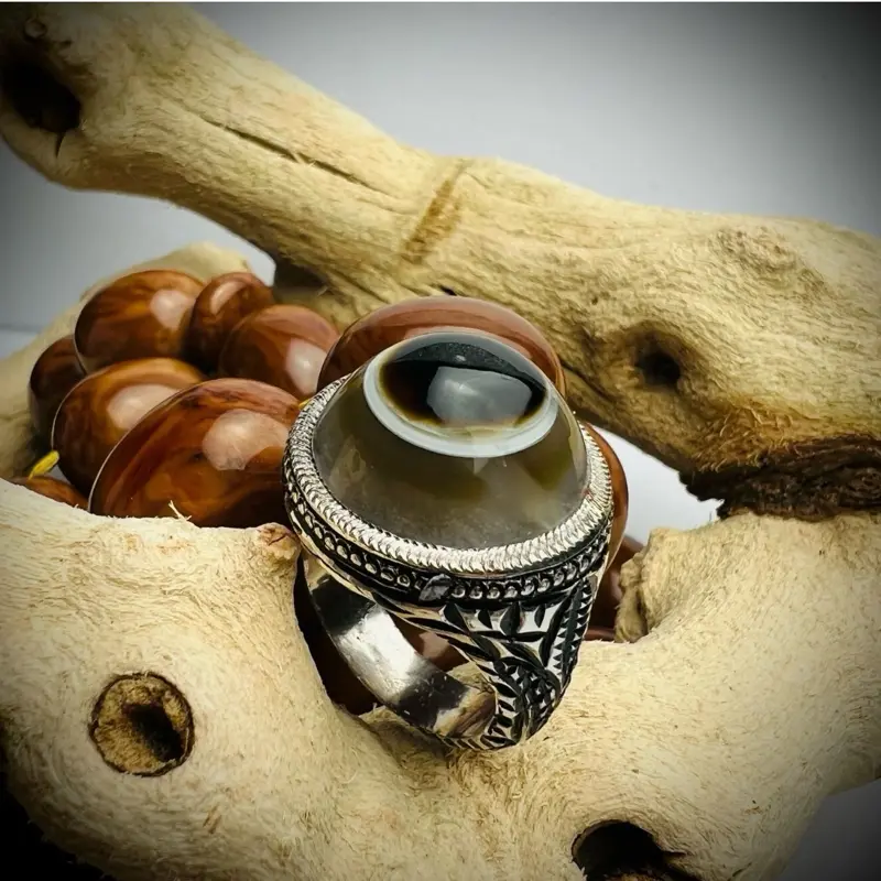 Rare Yemeni Agate Onex Baqrani Ring, 999 Pure Silver, US Size 11