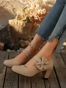 Women's New //pearl Milk Color Bow Bowknot Design Wedge Chunky Heel Classy Mary Jane Shoes, Breathable Slip-On Spring Summer, Office Commute Casual Women's Shoes