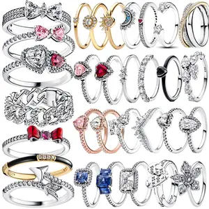 Original 925 Sterling Silver Bow Heart Sun Moon Star Flower Crown Ring for Women - Valentine's and Birthday Gift DIY Jewelry