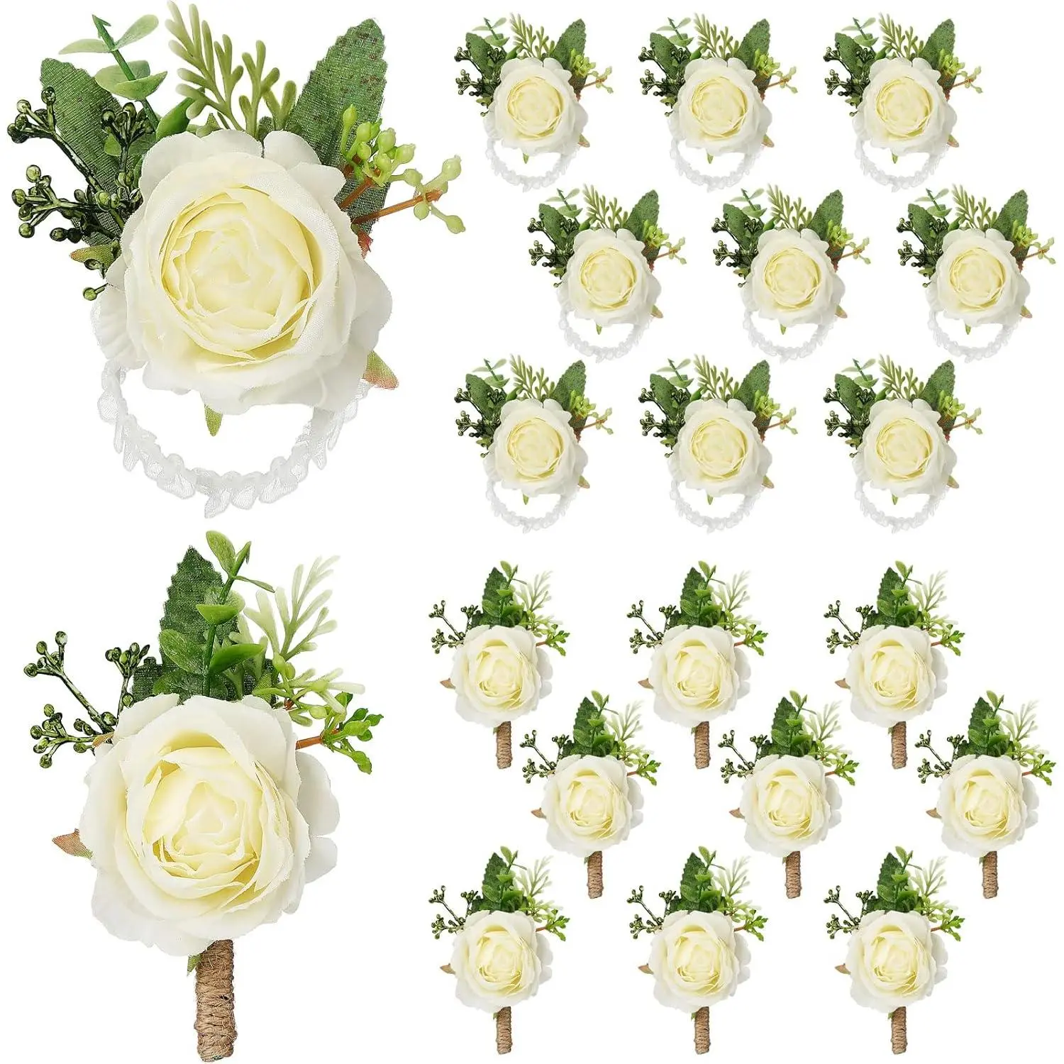 20-Piece Formal White Rose Corsage and Boutonniere Set for Weddings & Proms, Unisex Wristlet & Lapel Flower Pin Kit