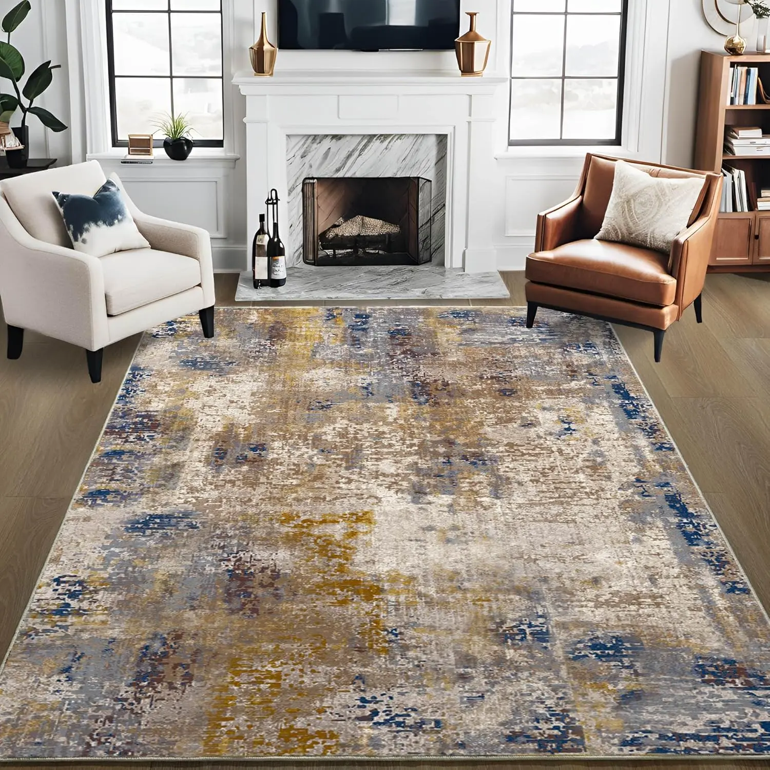 RUNIA Abstract Modern Area Rug - Stain Resistant, Machine Washable Soft Luxury Faux Wool Home Decor Carpet with Non-Slip Easy-Clean Design for Living Room, Bedroom, Abstract Rugs, Home Decor Rugs