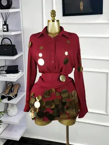 PULKRITU Fashion Sequined Patchwork Lady Skirt Set, Stand Collar Long Sleeve Blouse A-Line Skirt Two 2 Piece Set , Vacation Street Style 2-Piece Set Outfit,Women Casual Slim Tracksuit,Female 2 Piece Co-ord Set