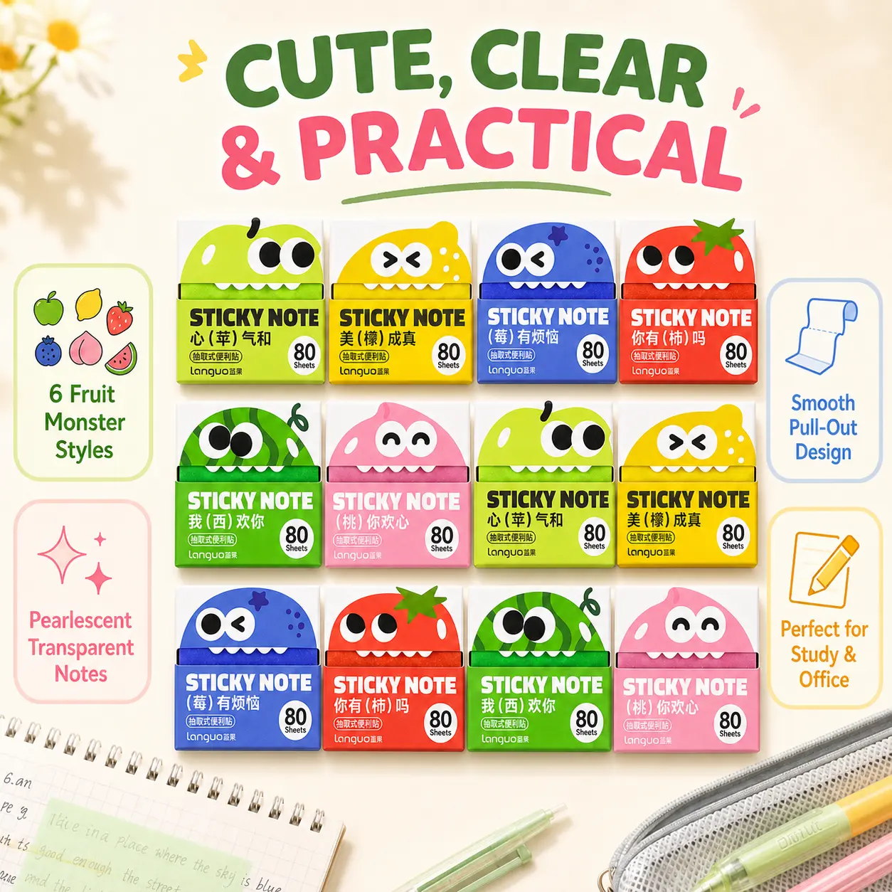 6/12 Pack 480/960 Sheets Pearlescent Transparent Sticky Notes - 3 x 3 in Pop-Up Pull-Out Notes with Cute Fruit Dispensers for Study, Annotation, School & Office