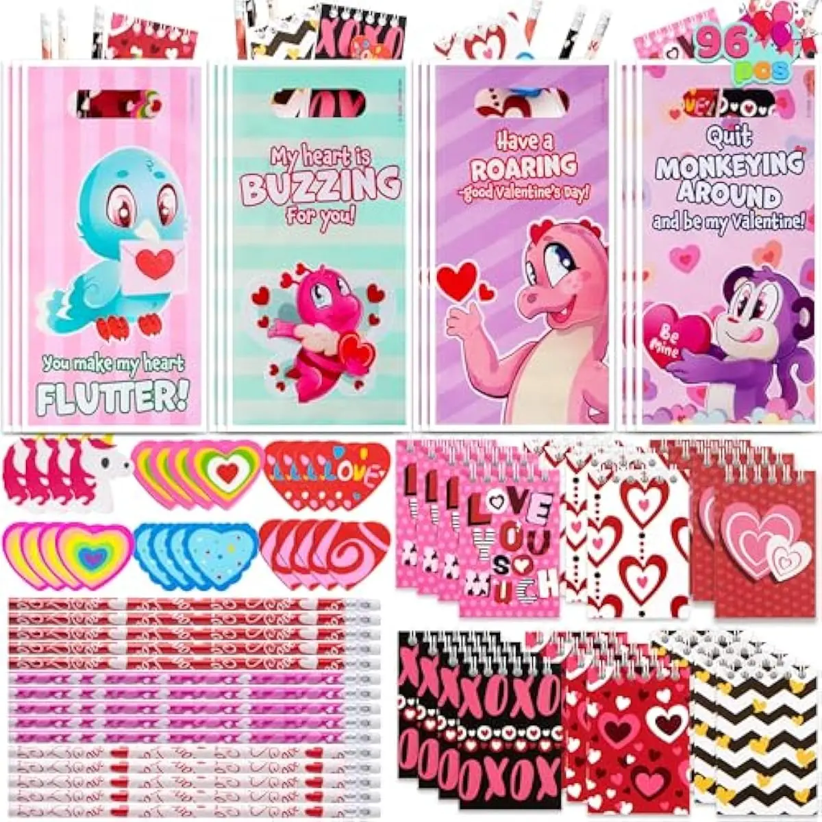 24packs Valentines Day Stationery Gifts, 96pcs Party Favor with Pencil, Erasers, Notebook & Bags for Kids School Classroom Exchange Supplies