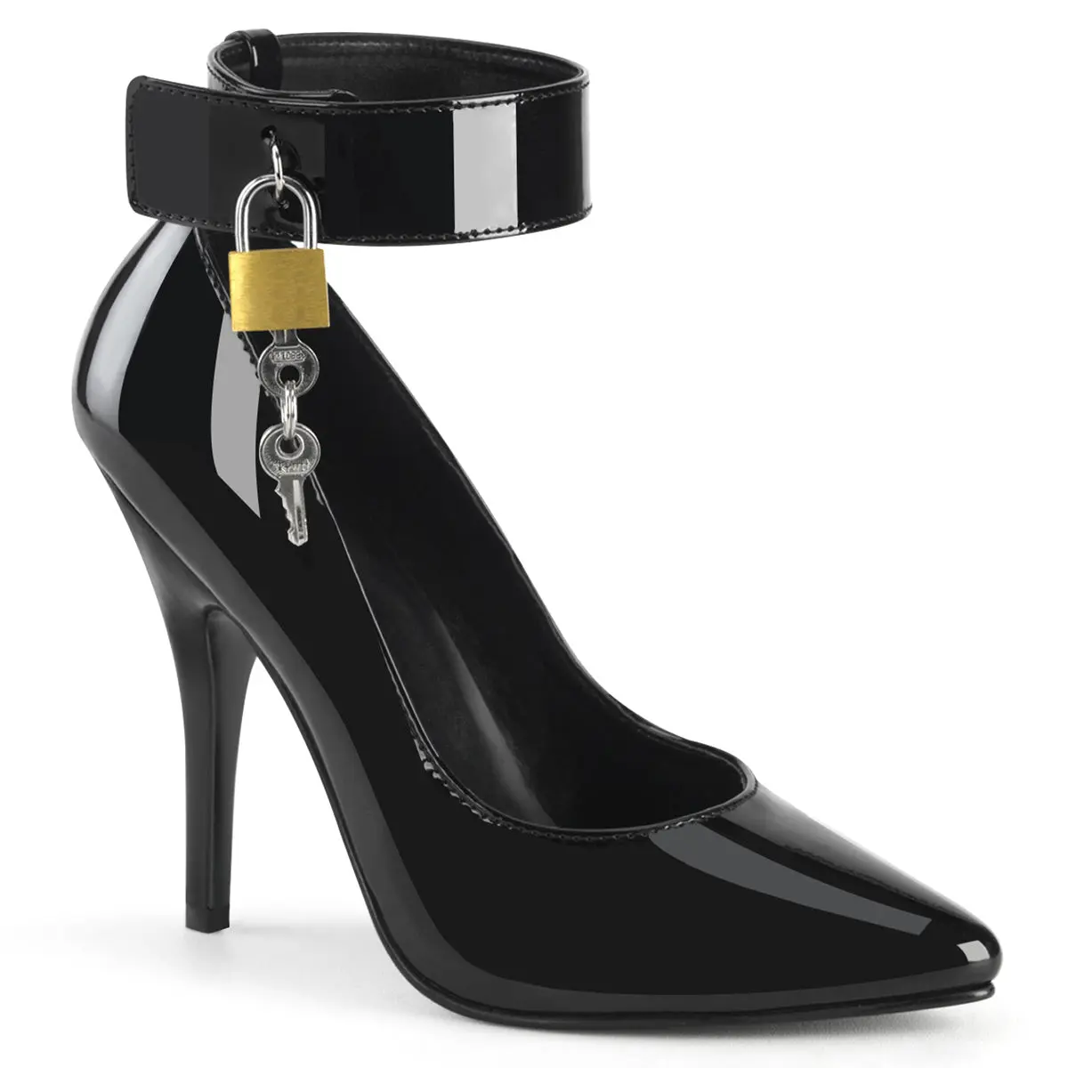 Pleaser Seduce-432 5" Heels, Women's Black Pumps with a Wide Ankle Cuff and Padlock for Special Events, Stylish, Heeled, High Heels, Elegant, Fashion, Footwear, Bold Look, Shoe, Chic, Closed Toe